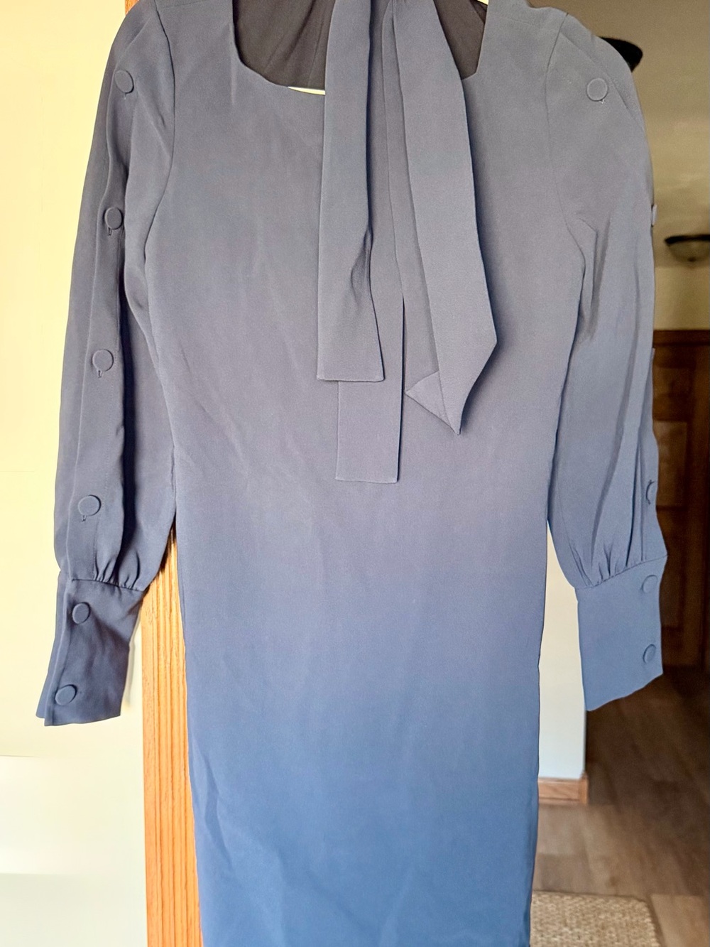 Elegant Slate Blue Long-Sleeve Tie-Neck Dress